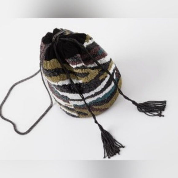 Zara Beaded Safari Velvet Bucket Bag Crossbody Multicoloured Tassels Beaded - Picture 2 of 12